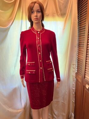 St. John Red Knit Blazer and Skirt Set with Gold Trim